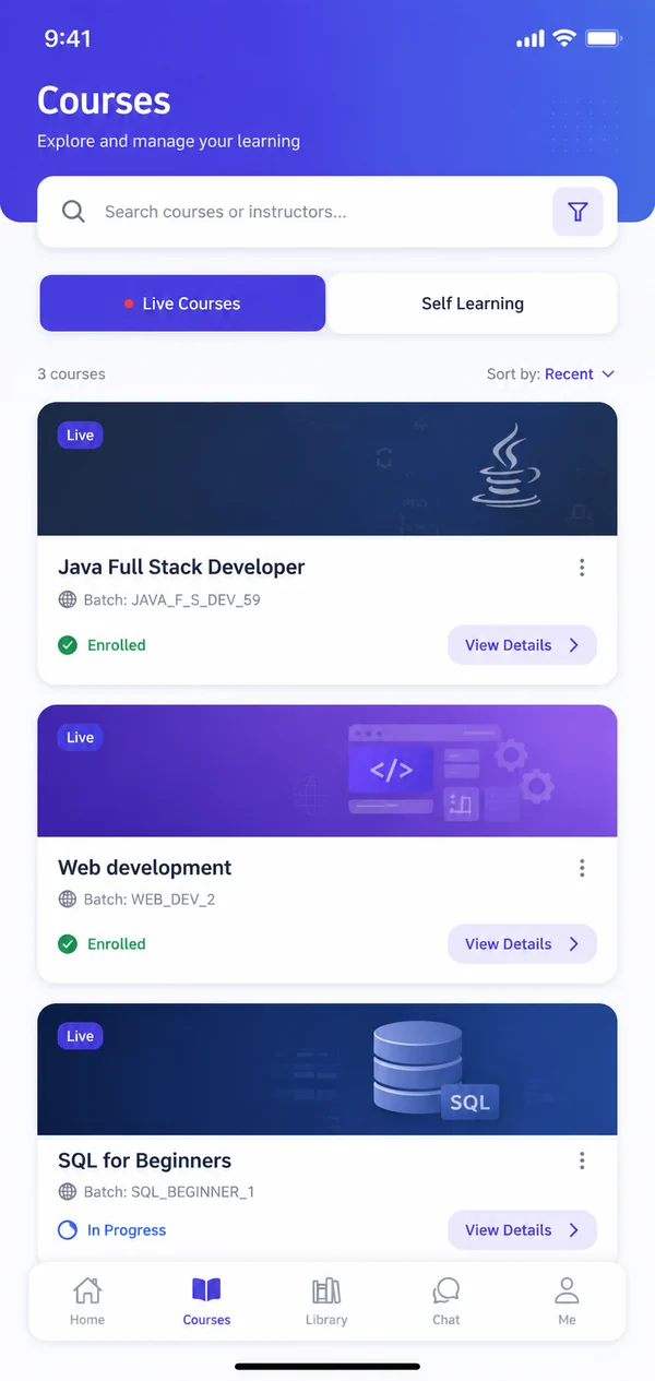 The student app's courses screen: live courses a student is enrolled in, with batch and status