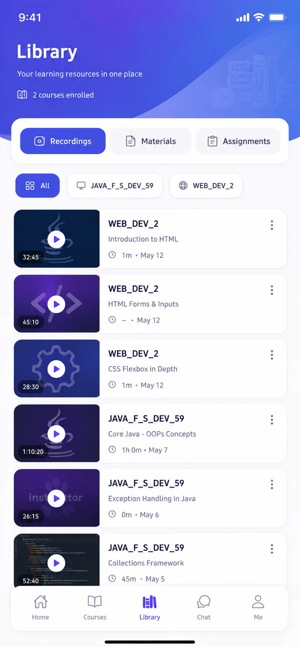 The student app's library: recordings of past live classes for each batch