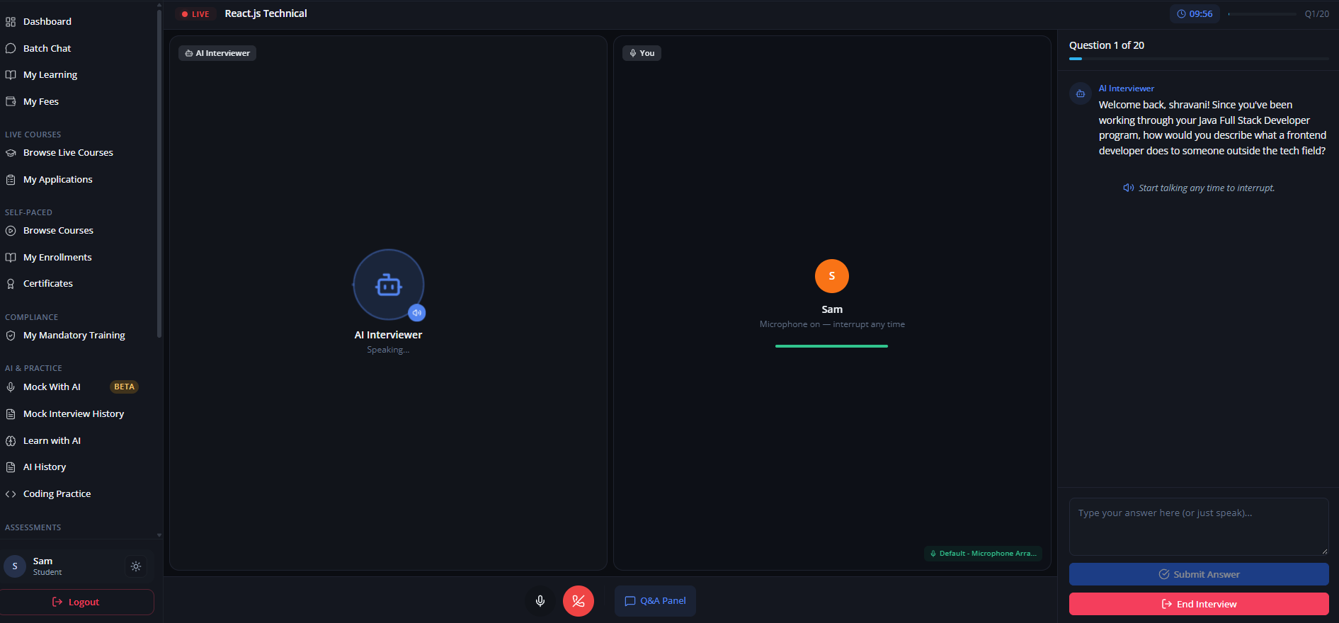 A live AI mock interview: the AI interviewer asks a question and the student answers by voice